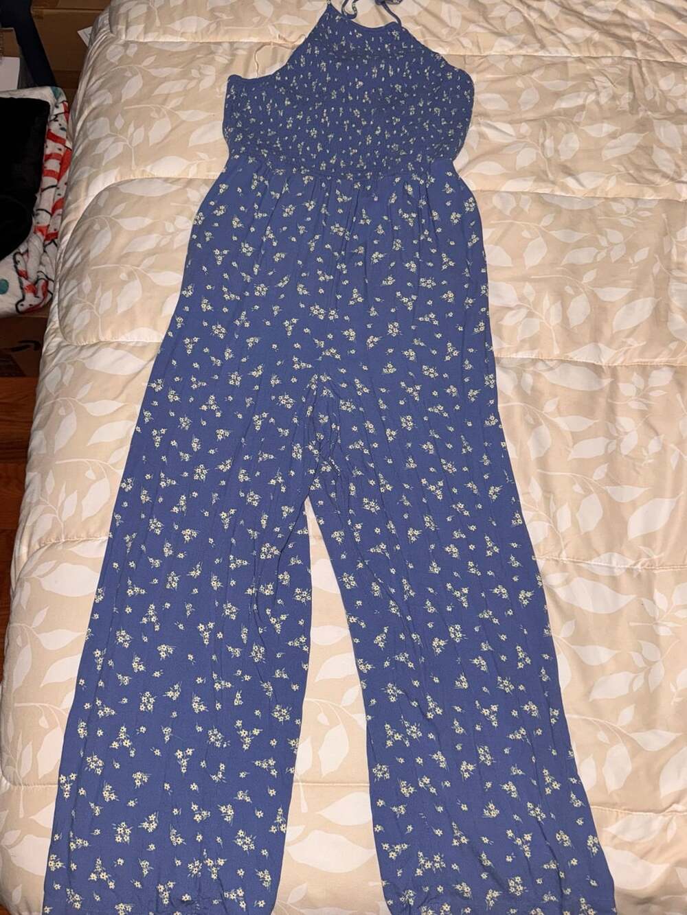 American Eagle Floral Jumpsuit Size XL Blue Smocked Halter